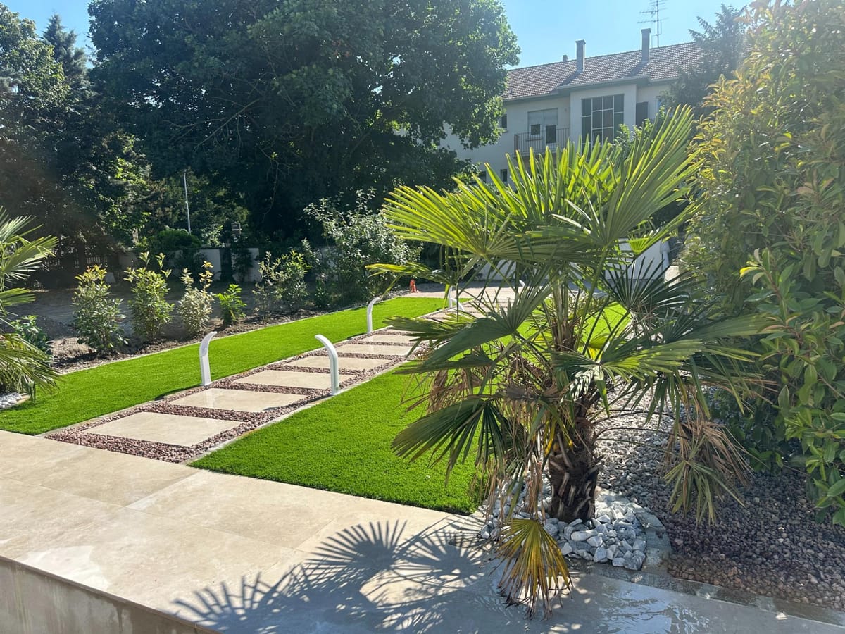 Palmier et gazon synthétique dans un jardin contemporain