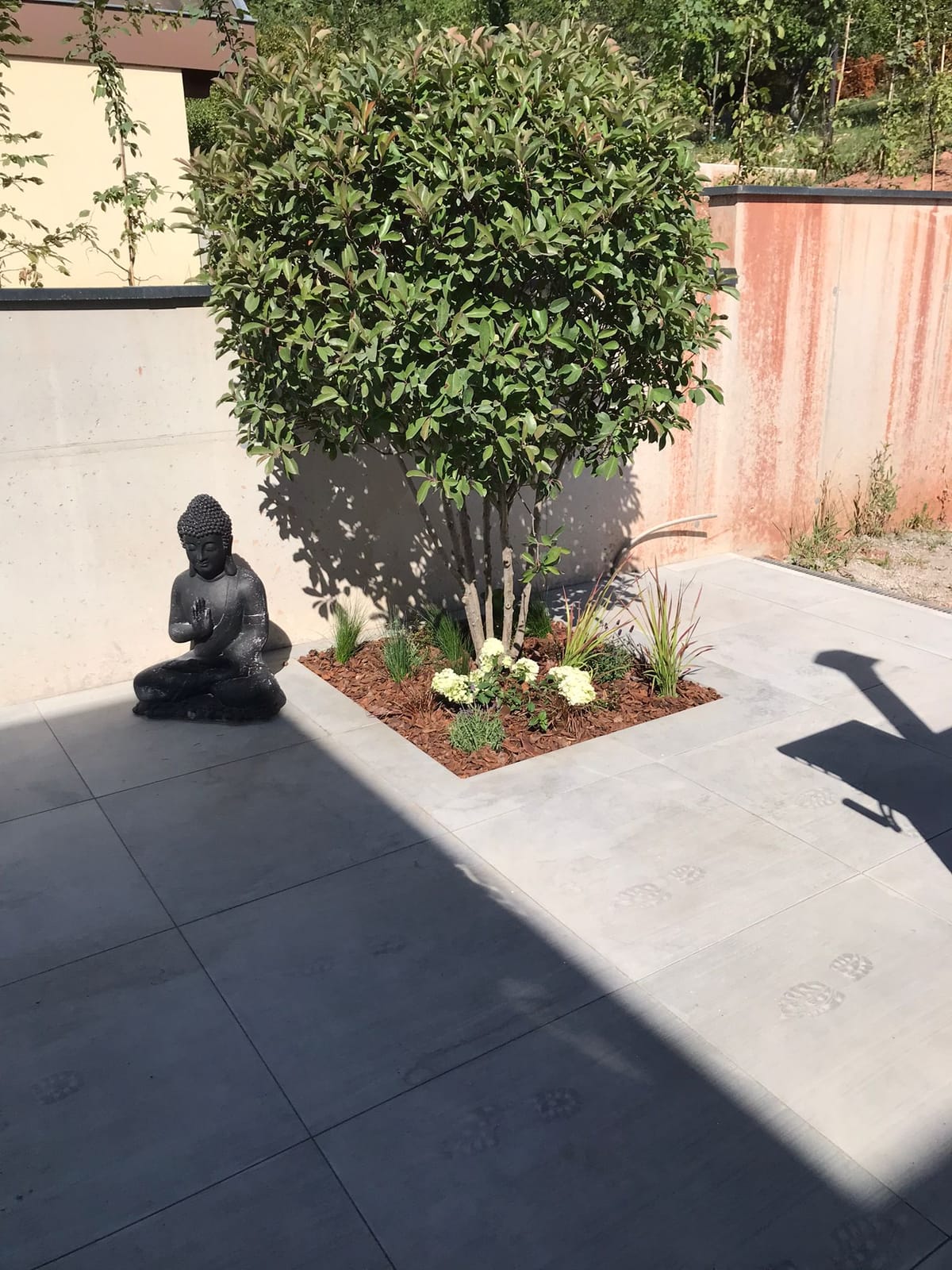 Coin de jardin zen avec statue de Bouddha, arbre nuage et paillage minéral