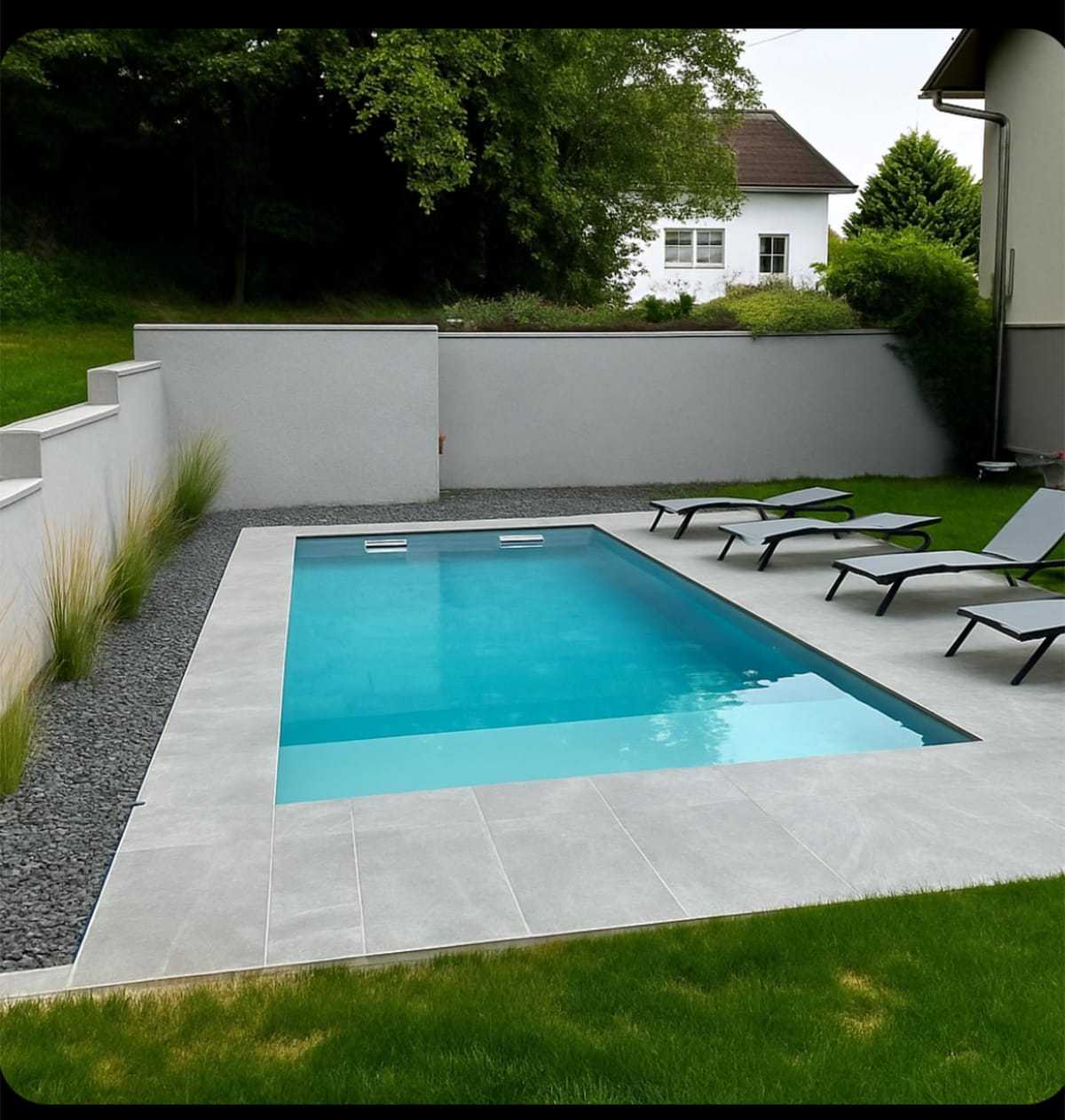 Piscine bordée d'une pelouse et d'une terrasse en dalles grand format