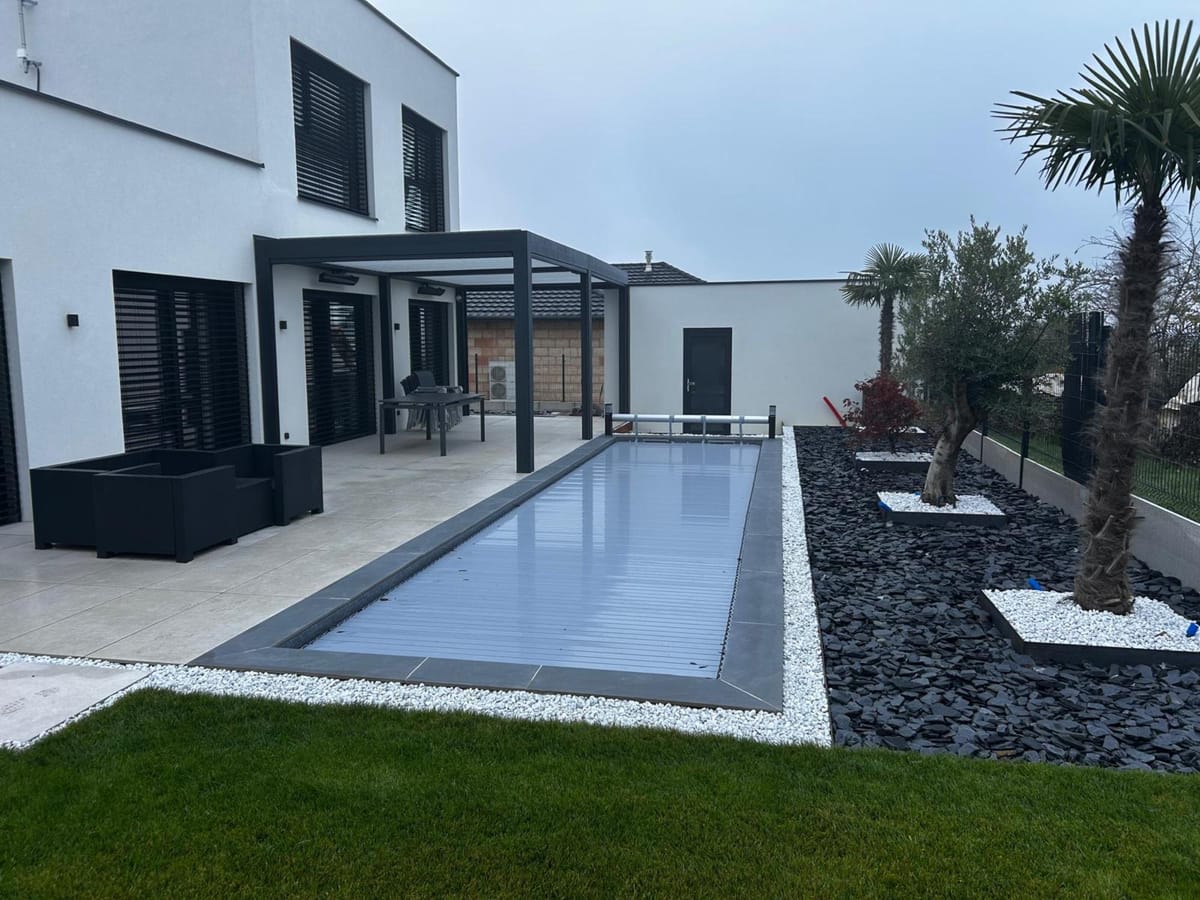 Piscine et terrasse avec palmier, pergola bioclimatique et pelouse